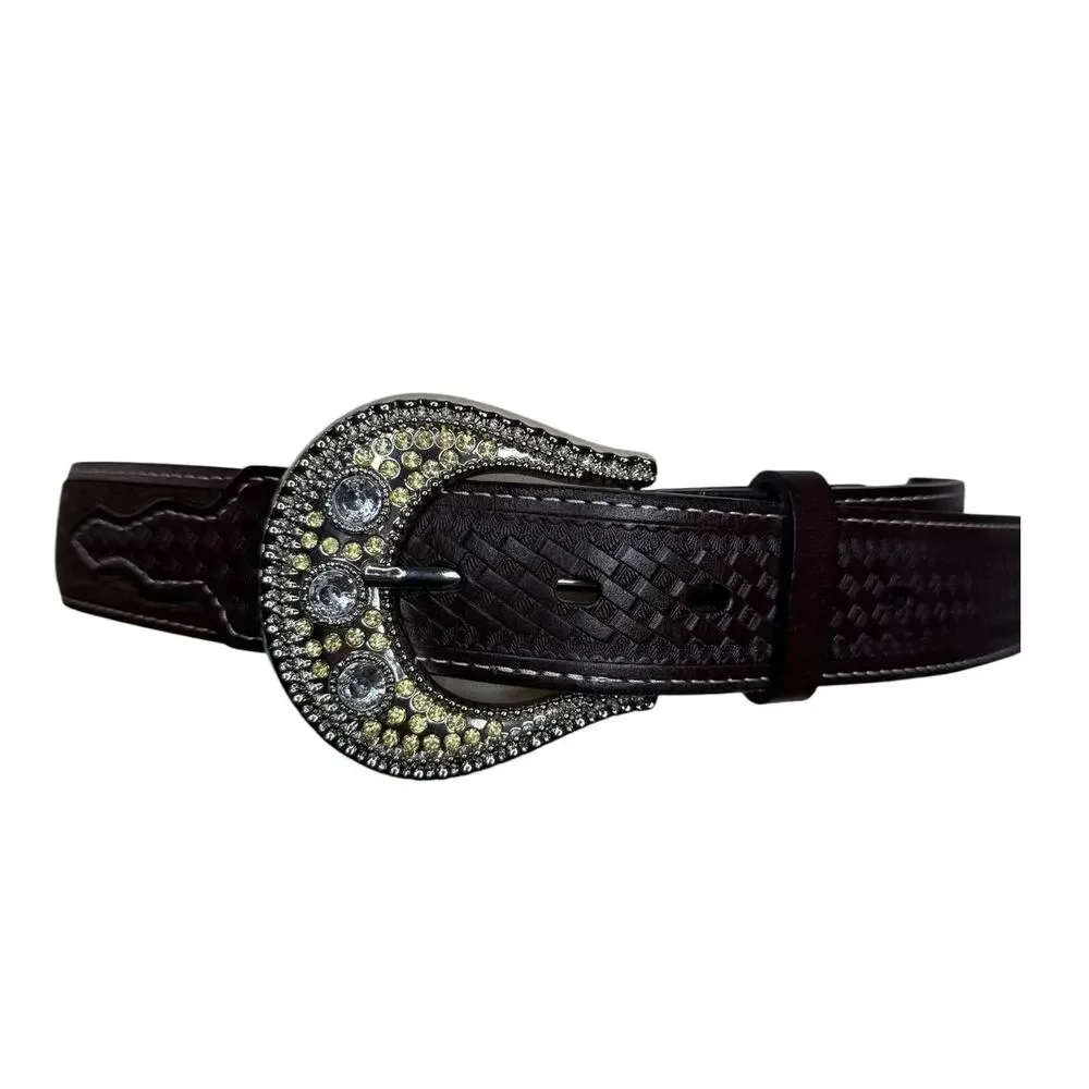 Western Jeweled Rhinestone Basketweave Leather Chunky Brown Belt Size Medium